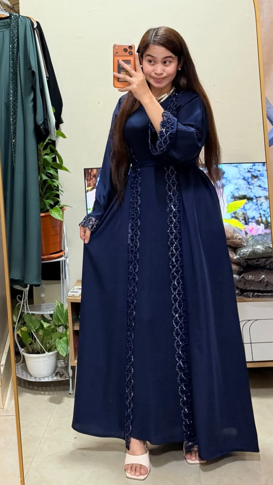 Navy Blue Lace Detail 2-in-1 Neda Abaya with Matching Sheila