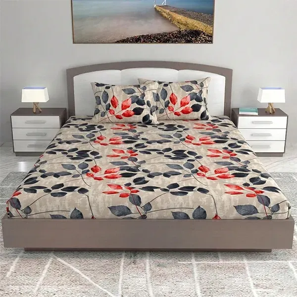 Botanical Leaf Print Double Bedspread Set with Matching Pillow Covers