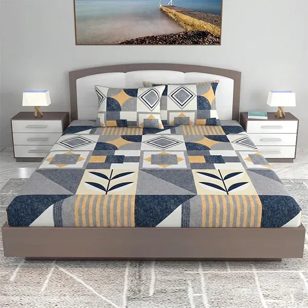 Geometric Patchwork Double Bedsheet Set with Matching Pillow Covers