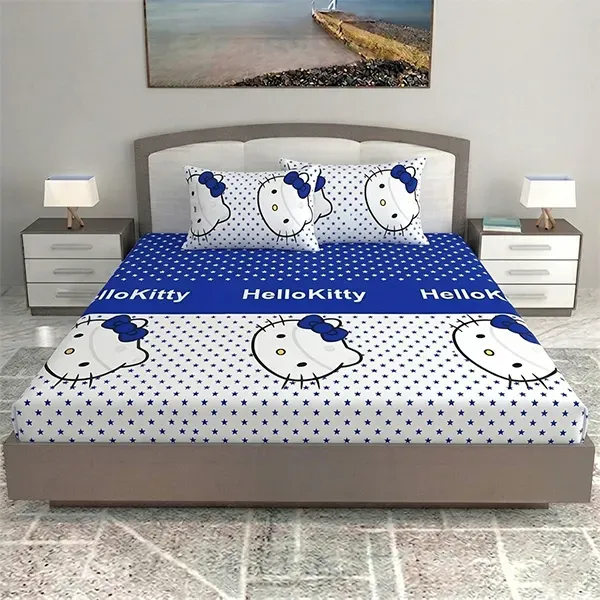 Cute Cartoon Kitty Print Double Bedsheet Set with two Pillow Covers