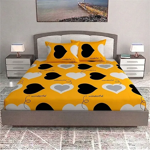 Modern Heart Print Double Bedsheet Set with Pillow Covers