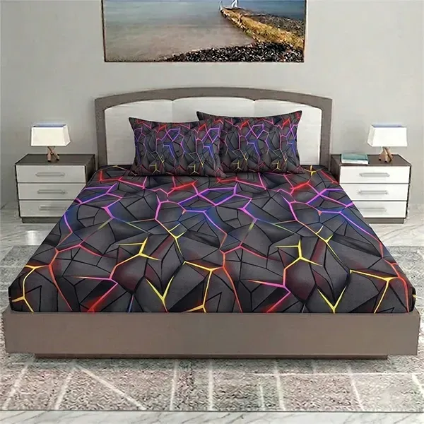 Futuristic Geometric Neon Line Print Double Bedsheet Set with Pillow Covers