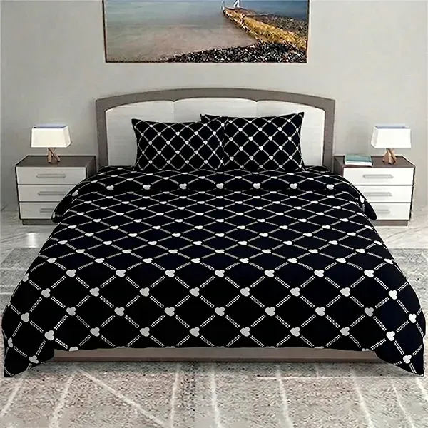 Elegant Geometric Heart Print Double Bedsheet Set with Pillow Covers