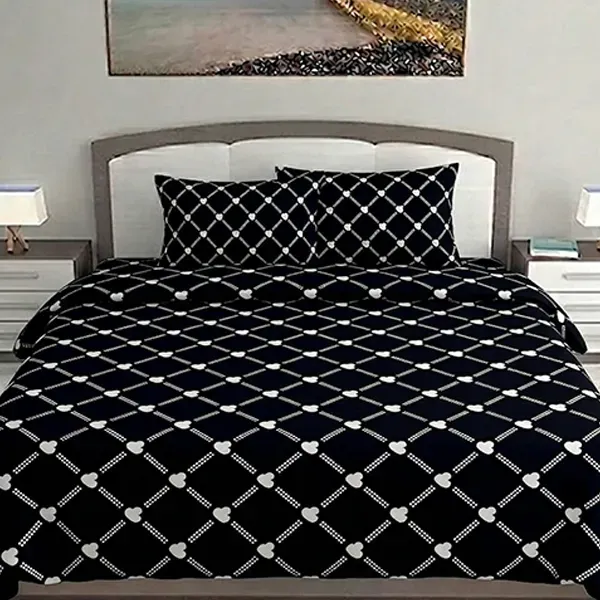 Elegant Geometric Heart Print Double Bedsheet Set with Pillow Covers