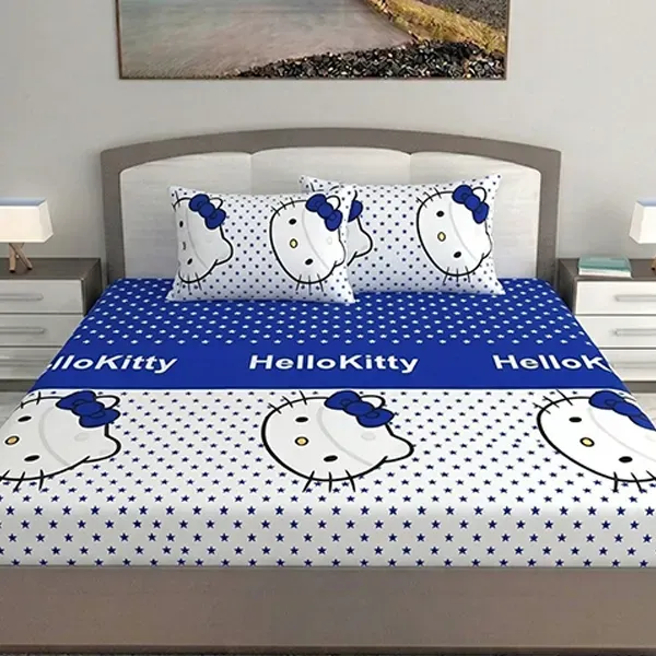 Cute Cartoon Kitty Print Double Bedsheet Set with two Pillow Covers