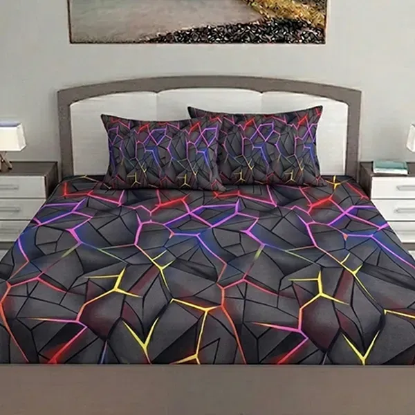 Futuristic Geometric Neon Line Print Double Bedsheet Set with Pillow Covers