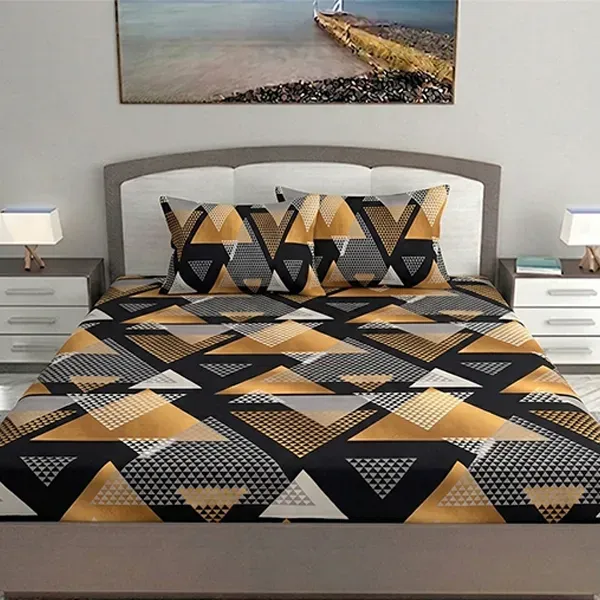 Elegant Geometric Triangle Print Double Bedsheet Set with Pillow Covers