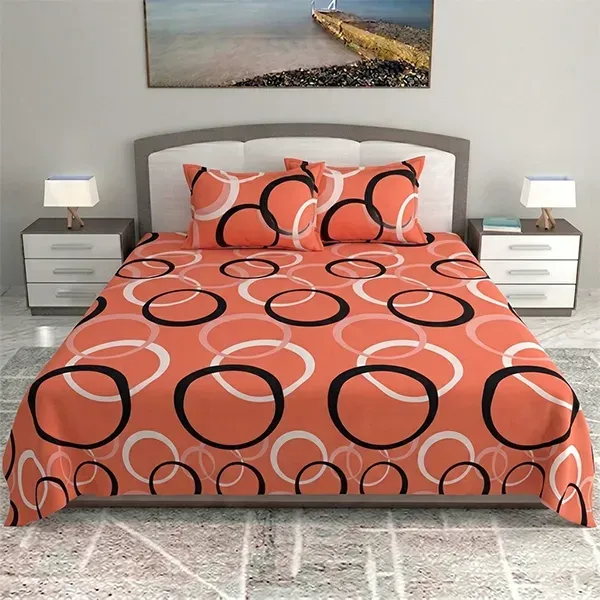 Stylish Abstract Circle Print Double Bedsheet Set with Pillow Covers