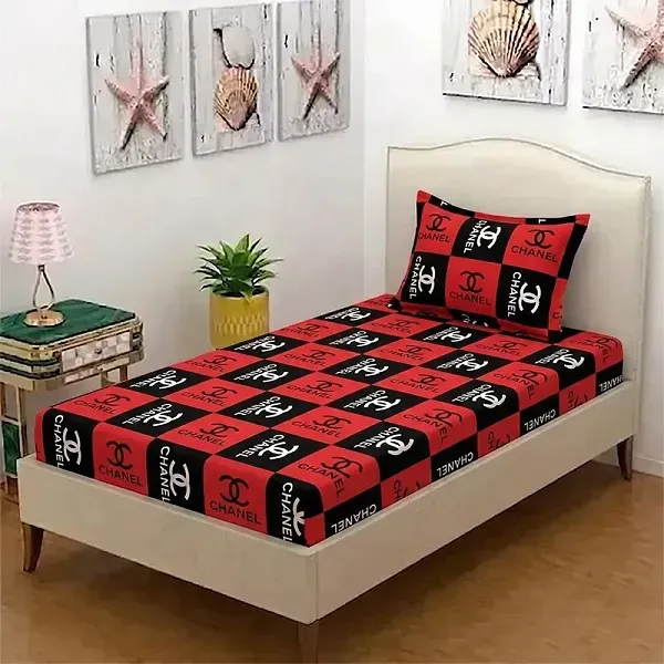 Red and Black Designer Inspired Fitted Bedsheet Set with Matching Pillow Cover