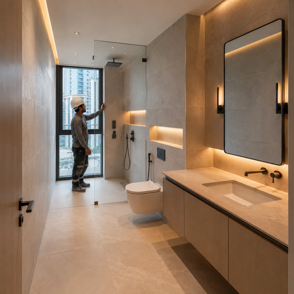 Completed modern bathroom renovation in a Dubai apartment