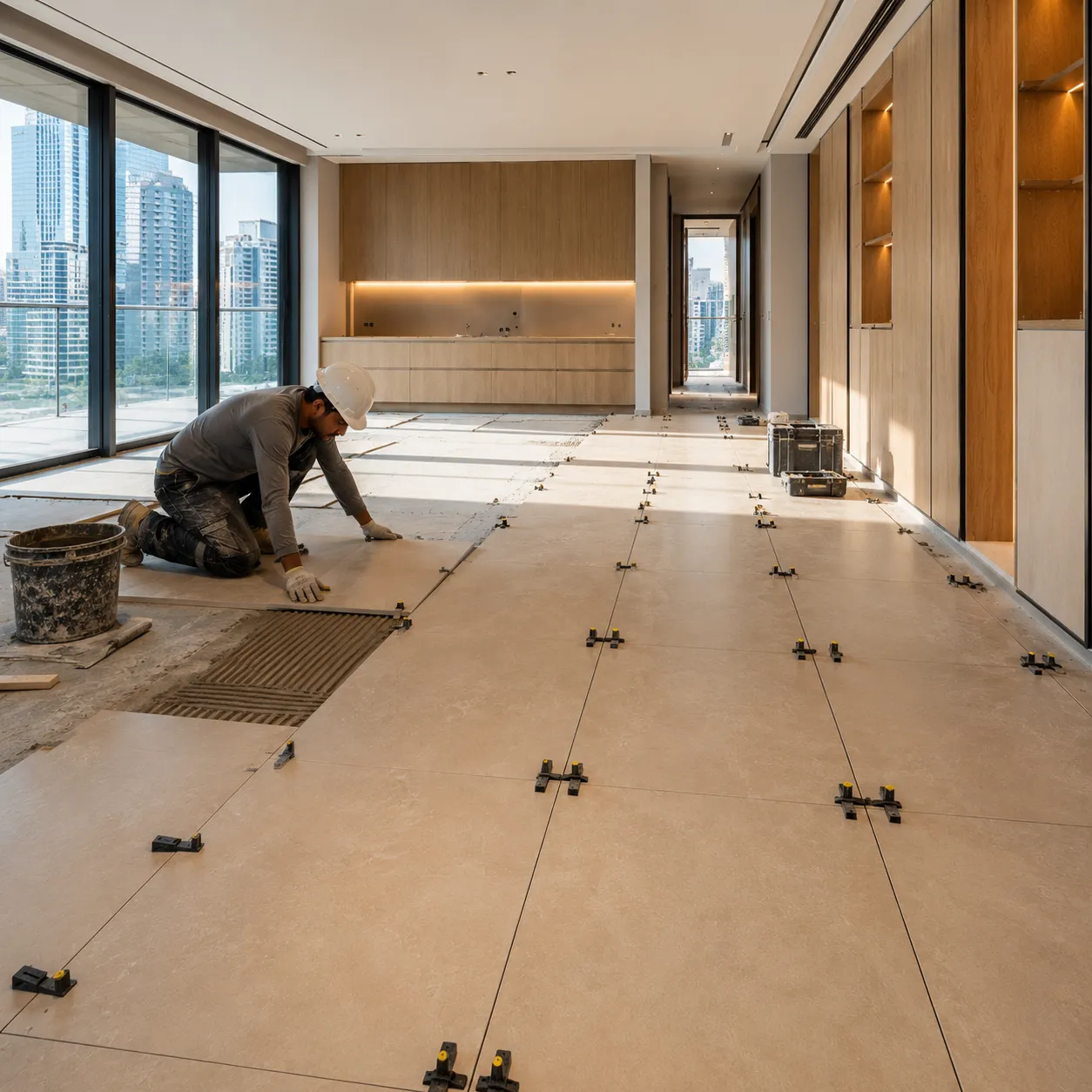 Large-format porcelain flooring installation in a Dubai apartment