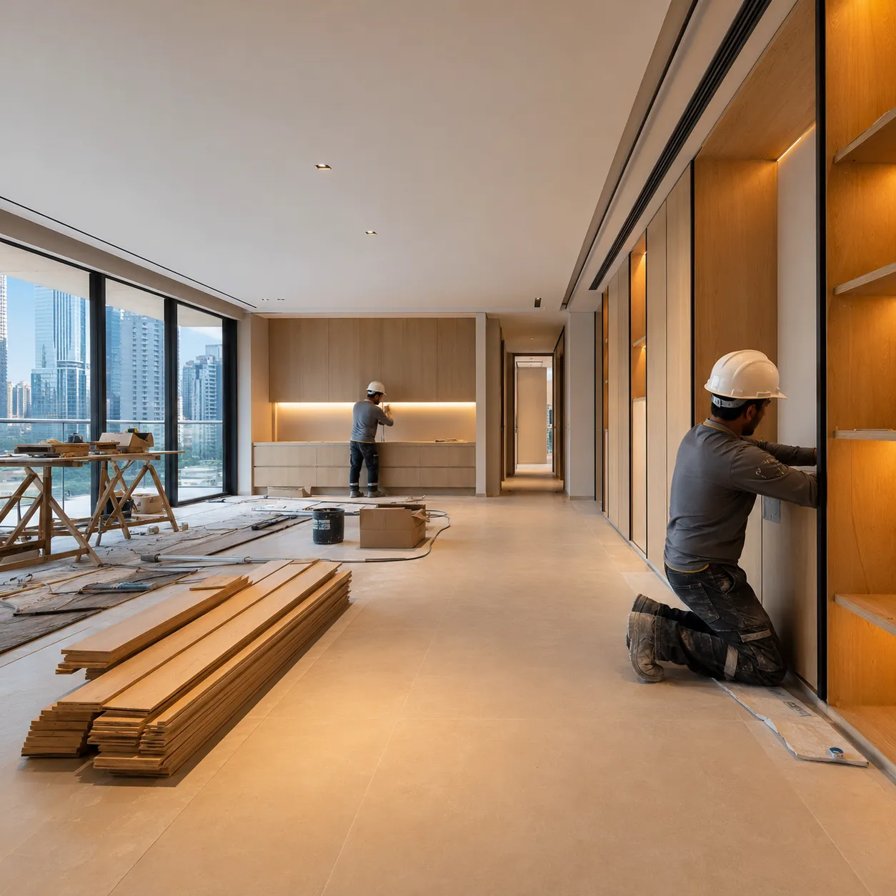 Custom oak joinery installation for an apartment renovation