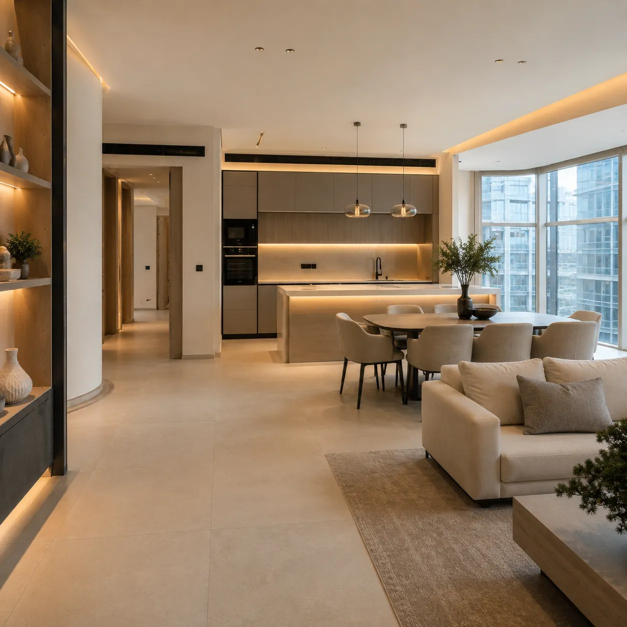 Completed open-plan kitchen dining and living apartment renovation in Dubai