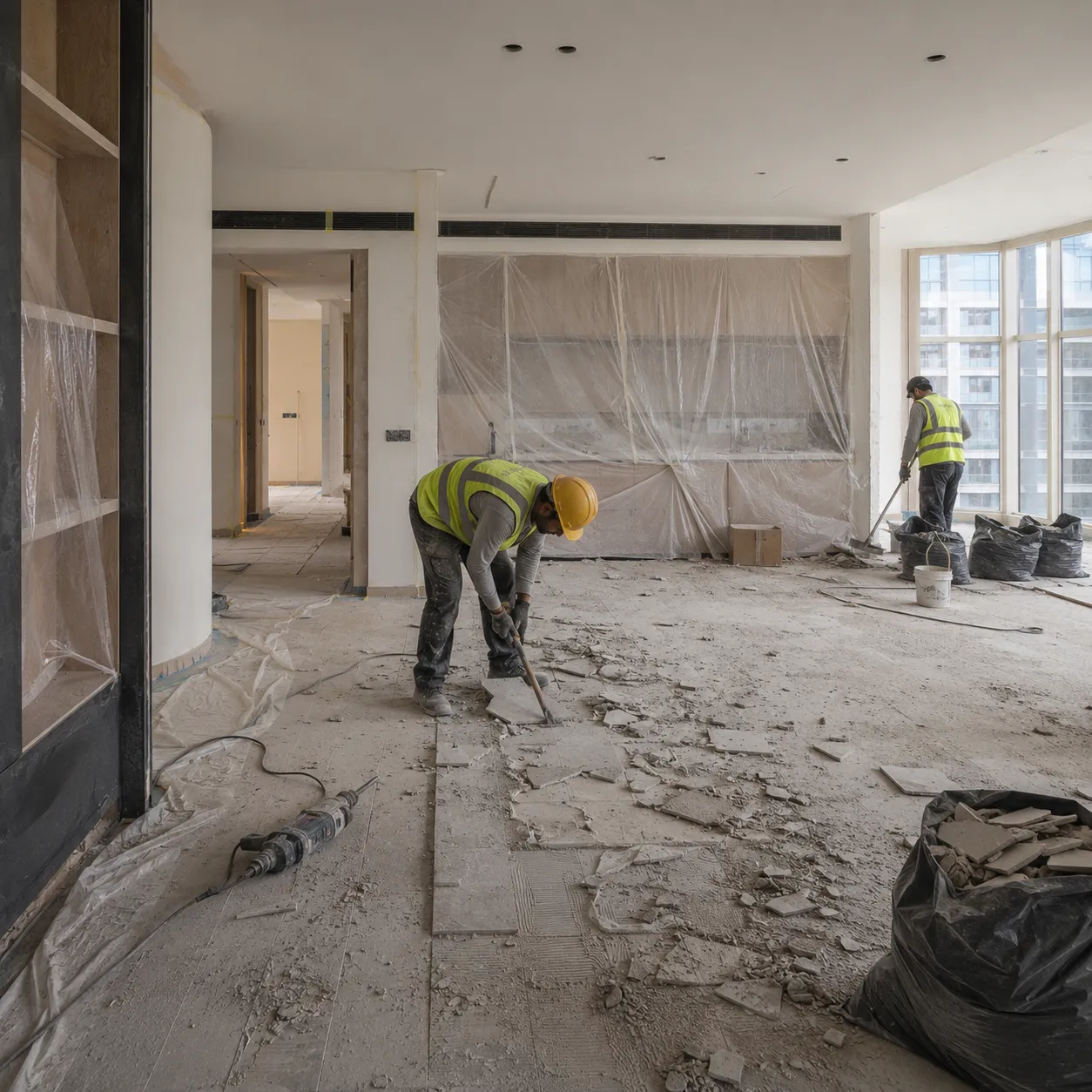 Controlled demolition and old floor removal during a renovation in Dubai