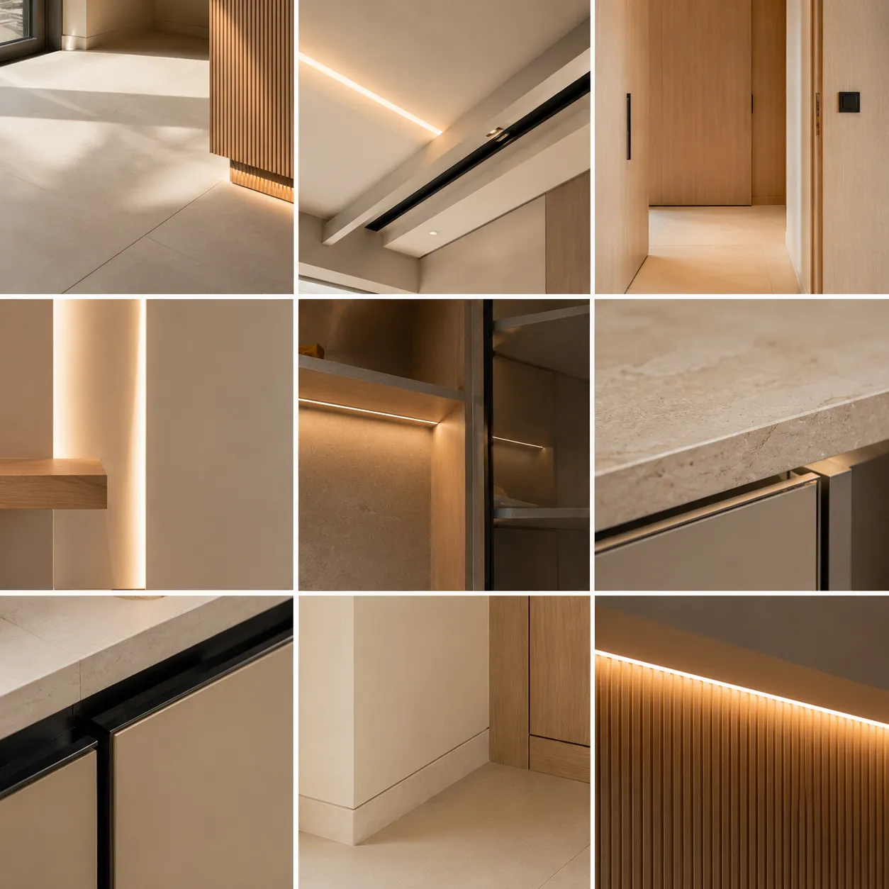 Apartment renovation joinery stone cabinetry and lighting details