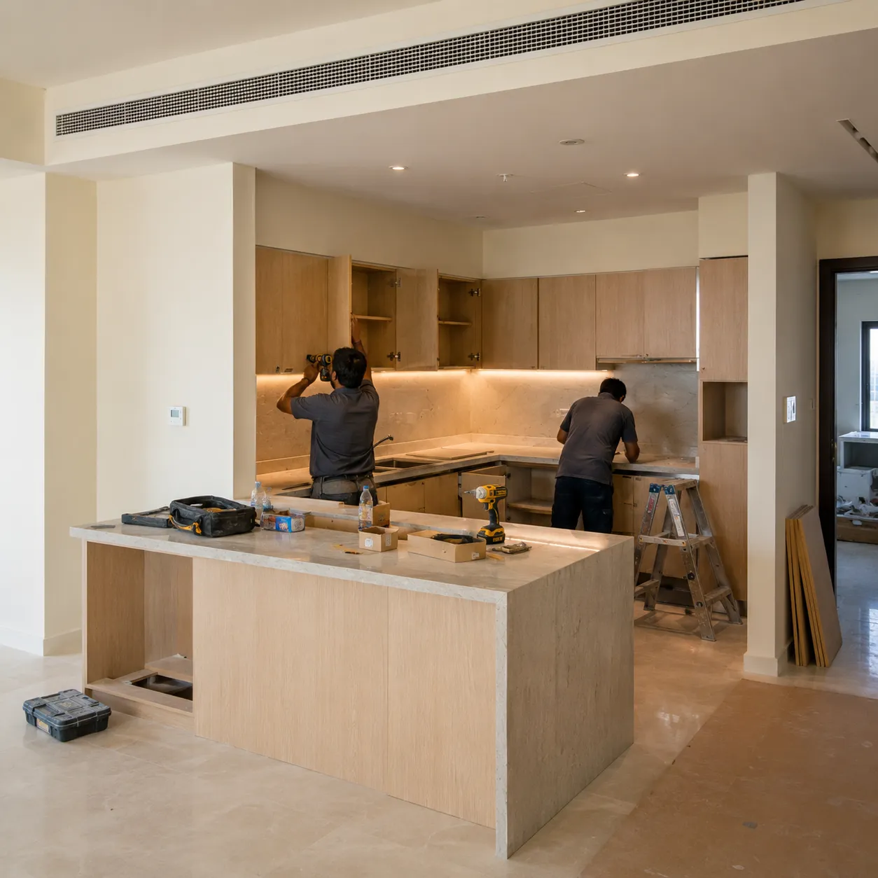 Modern apartment kitchen installation and cabinet fitting in Dubai