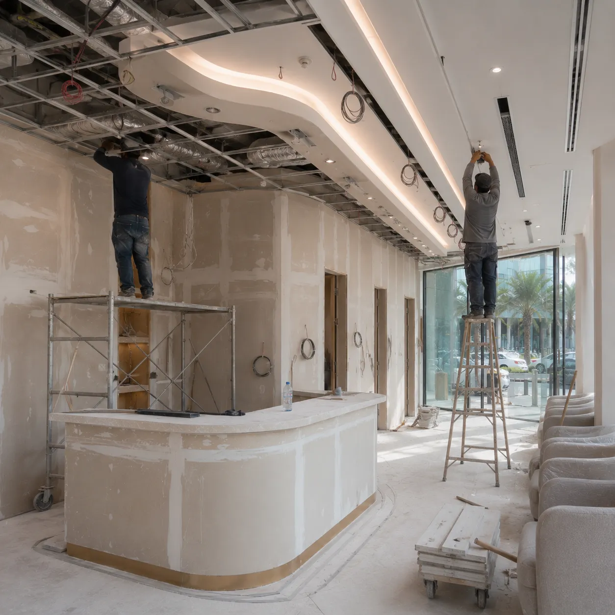 Flooring installation in a clinic corridor during renovation