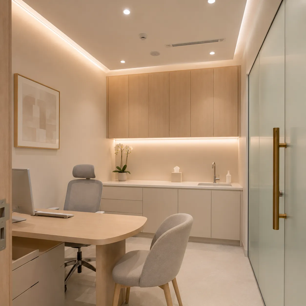 Completed healthcare interior with warm lighting in a Dubai clinic
