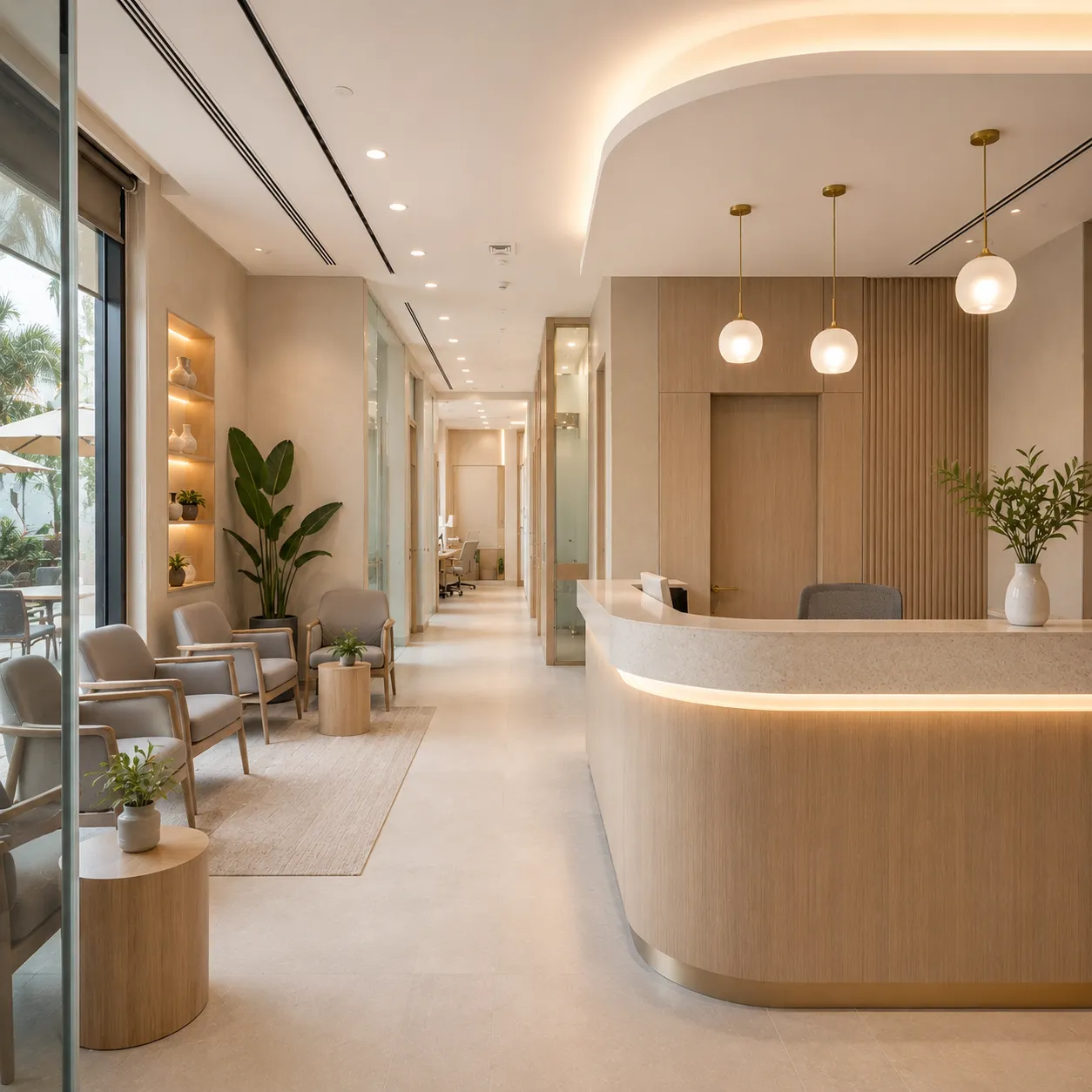 Completed clinic corridor with sealed flooring and recessed lighting