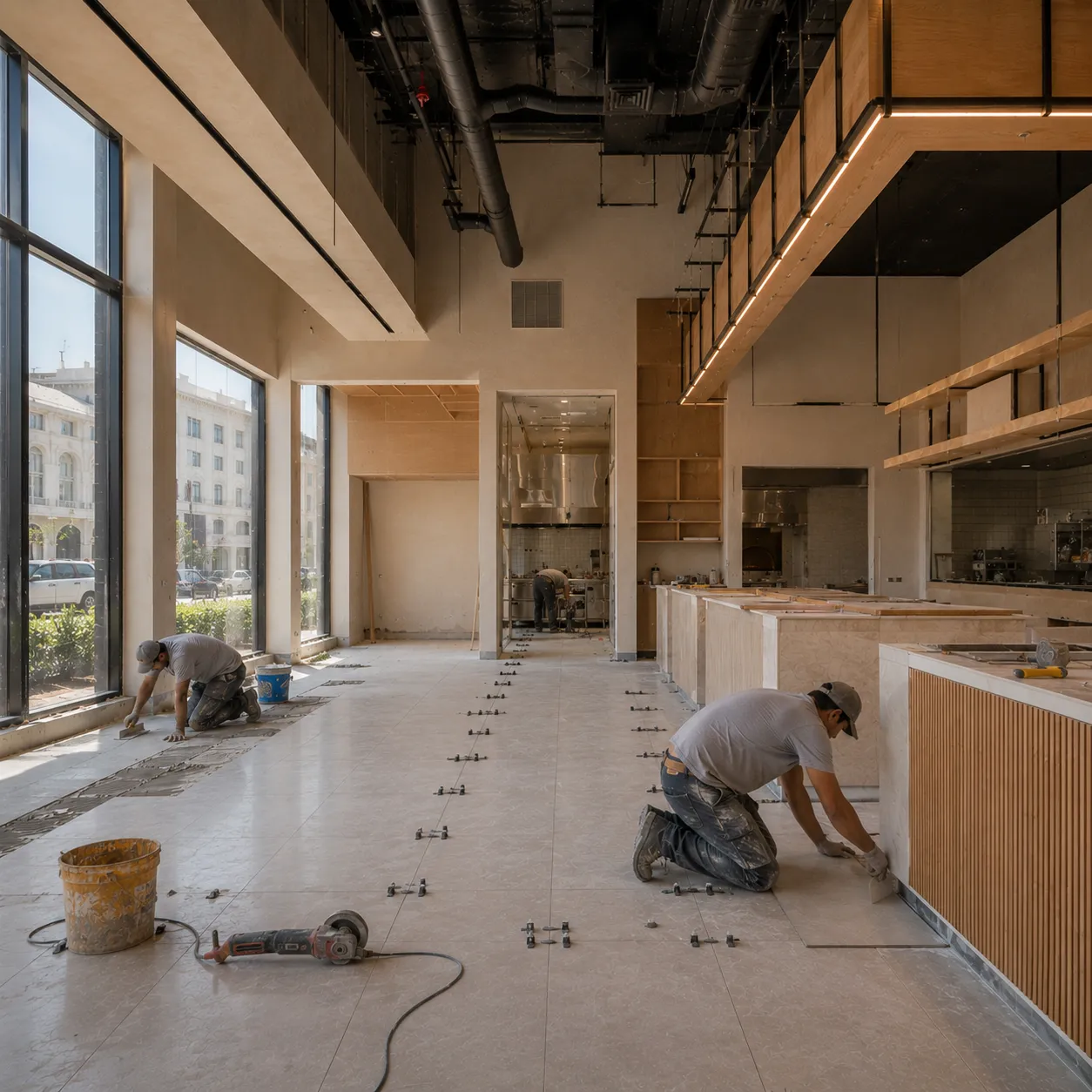 Electrician installing decorative pendant lighting in a restaurant dining area