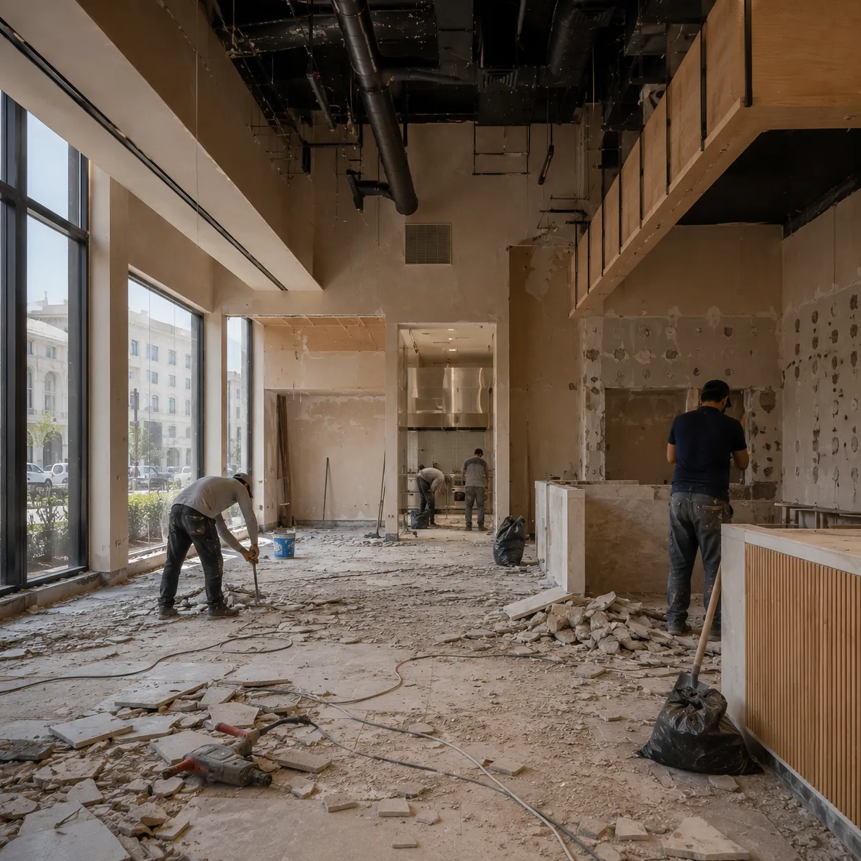 Technician installing restaurant air-conditioning ducts and ventilation systems