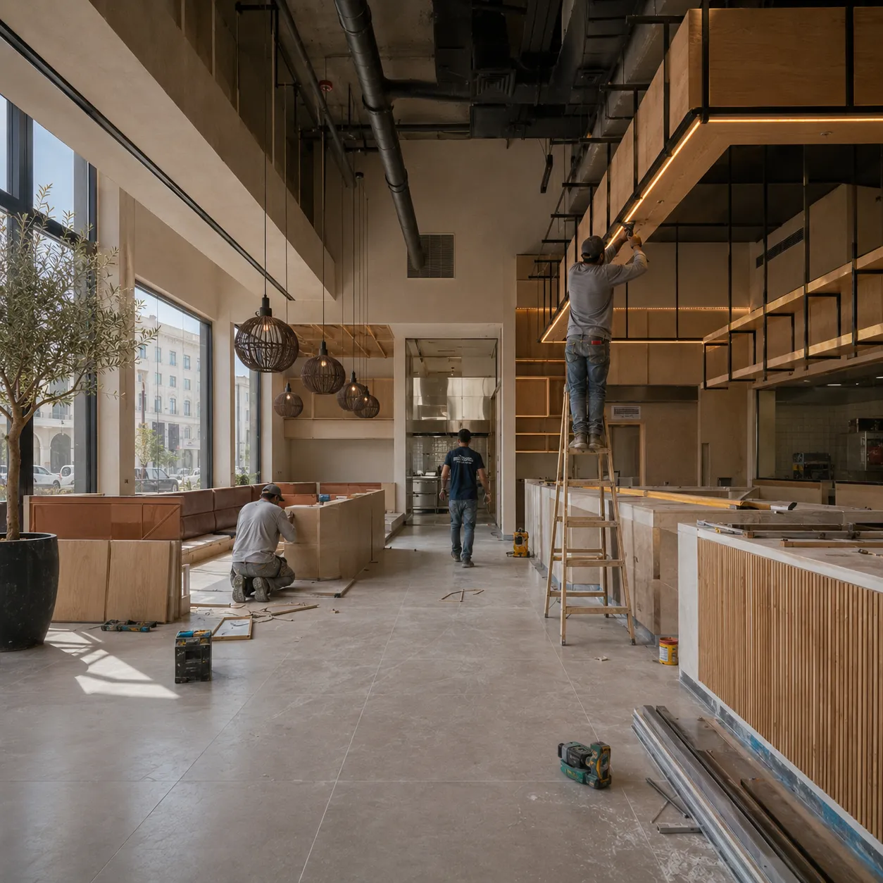 Workers installing decorative wall panels inside a modern restaurant