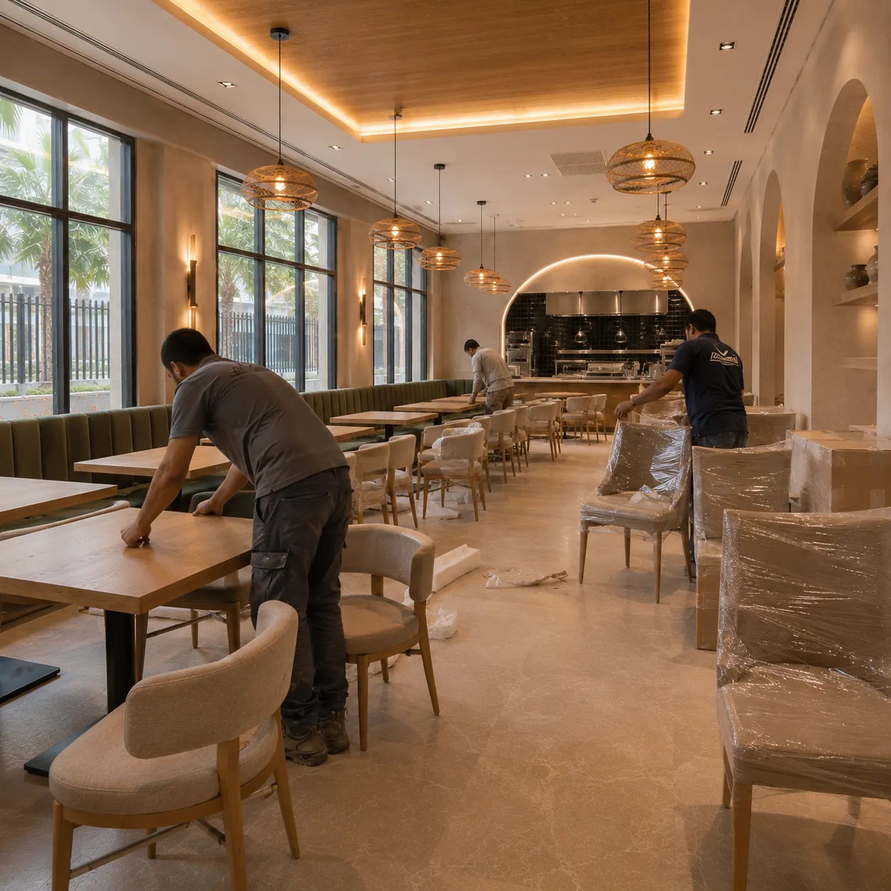 Workers arranging restaurant tables and upholstered dining chairs
