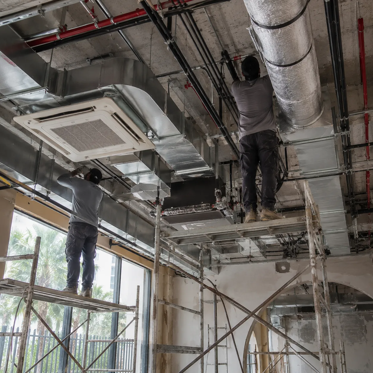 Contractor conducting a final quality inspection inside a completed restaurant