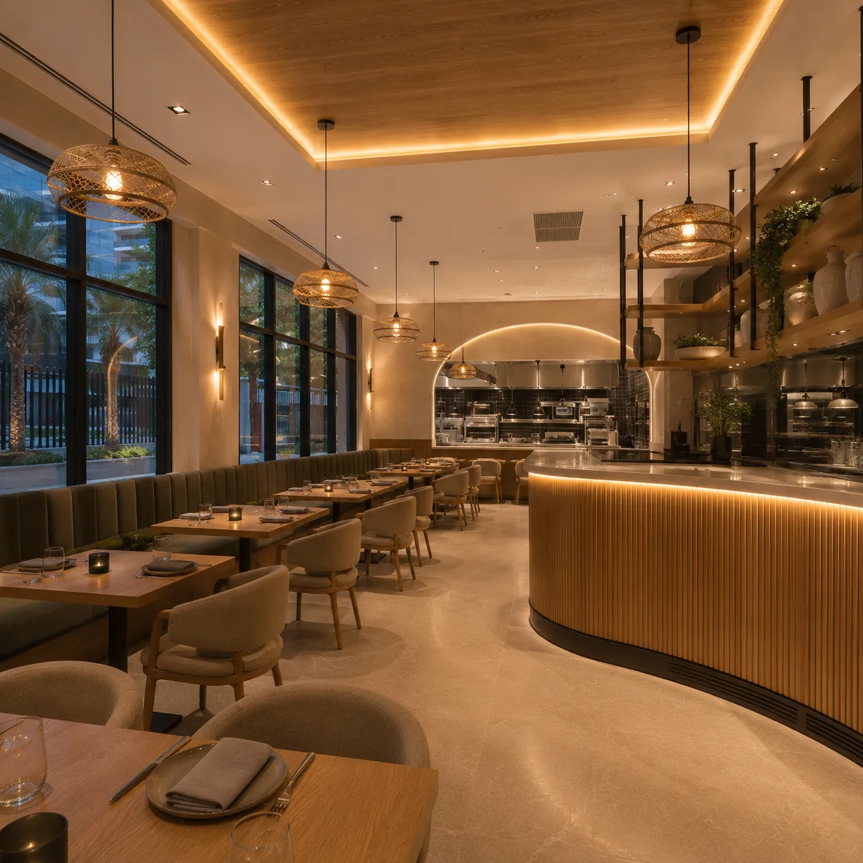 Completed restaurant exterior in Dubai with warm evening lighting and glass façade