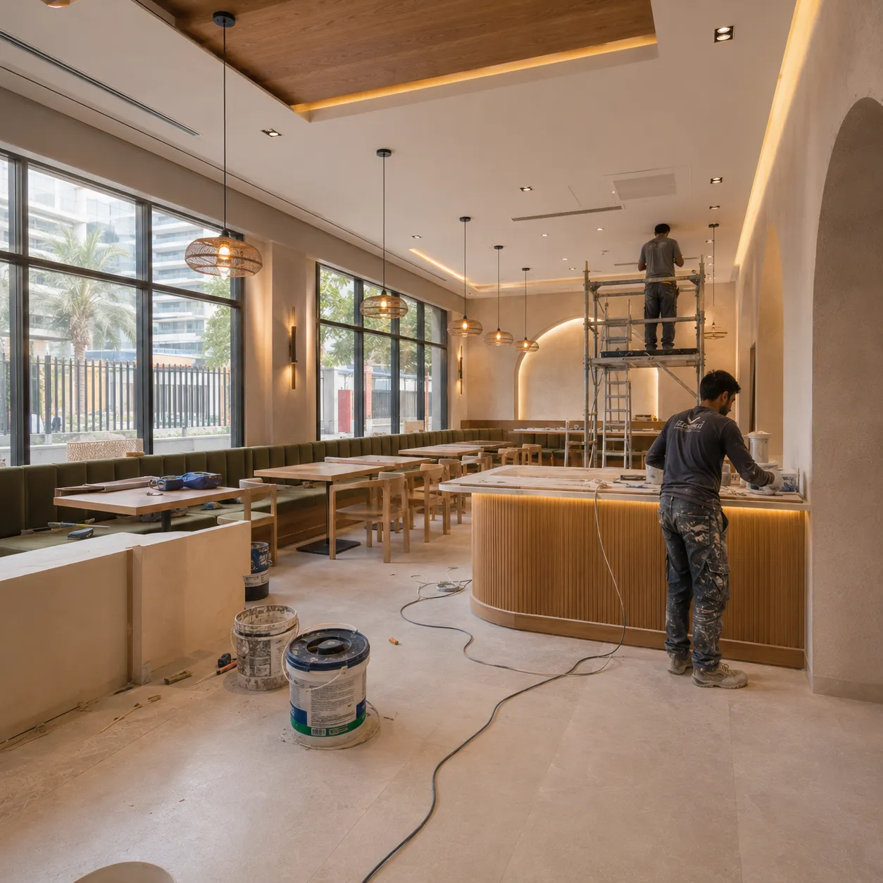 Completed commercial restaurant kitchen with stainless-steel equipment