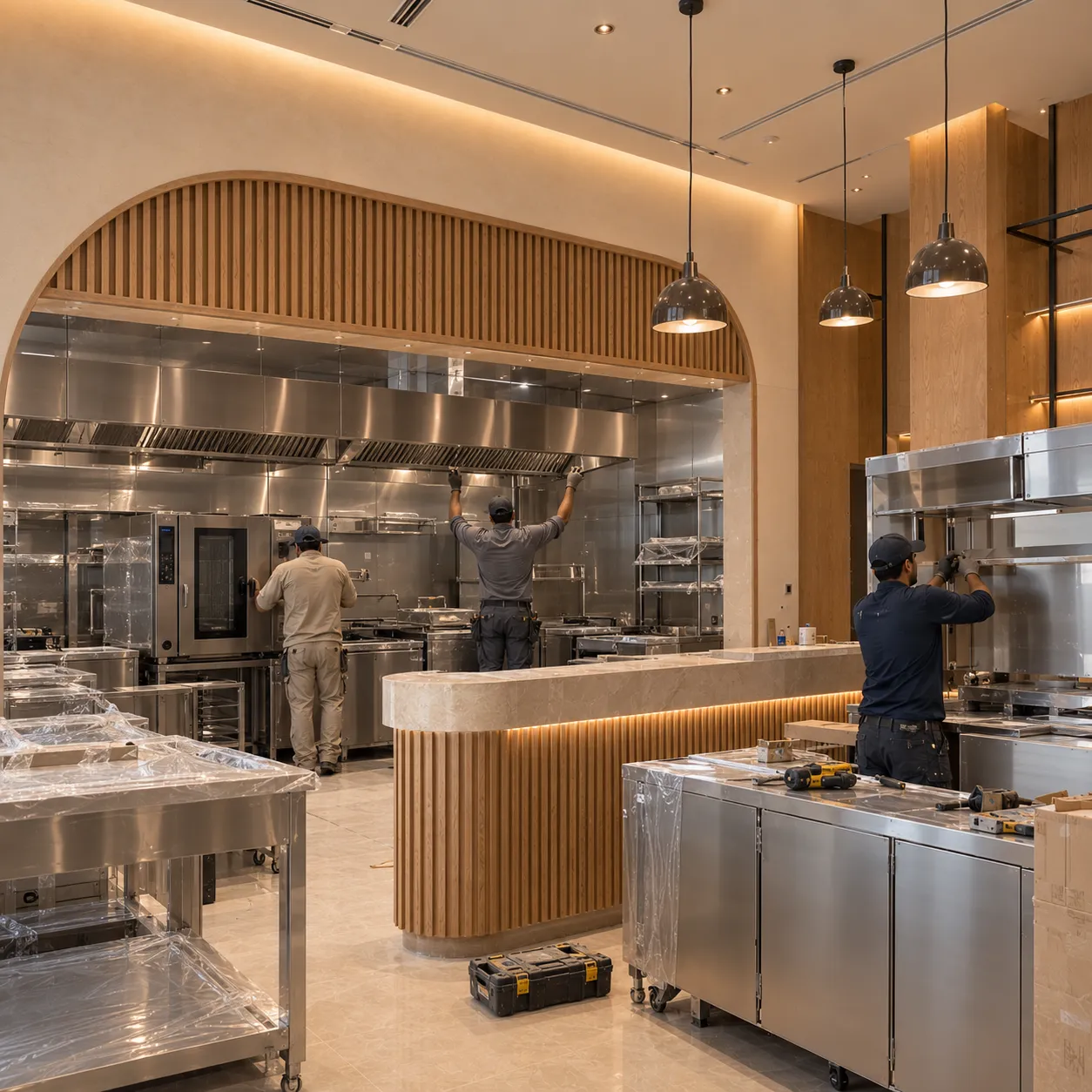 Technicians installing stainless-steel commercial kitchen equipment in a Dubai restaurant