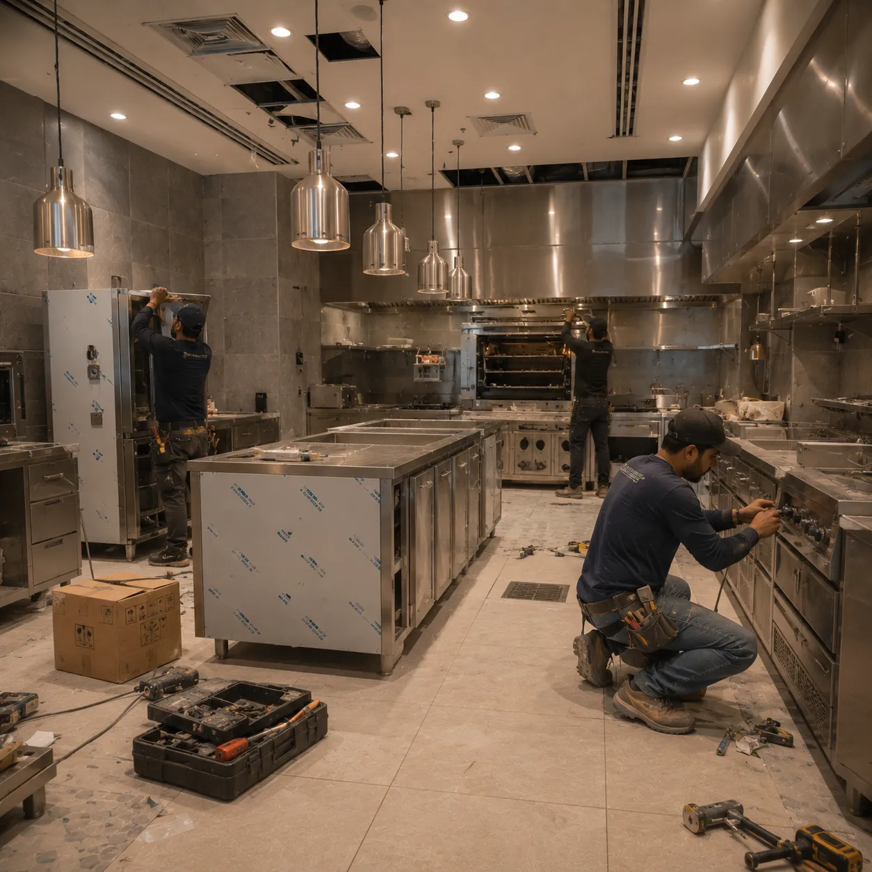 Commercial restaurant kitchen equipment installation in progress