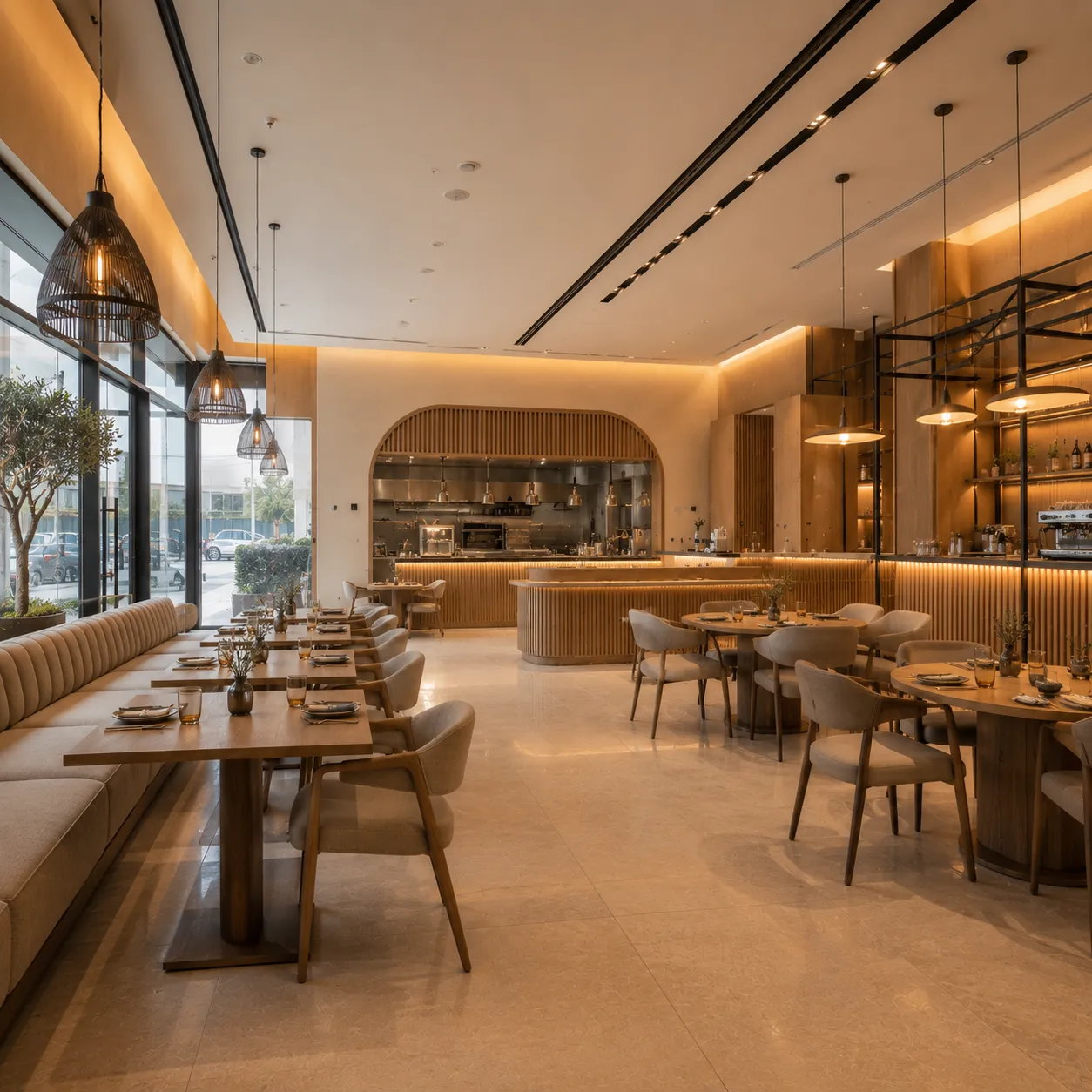 Completed modern restaurant interior with open kitchen and dining counter