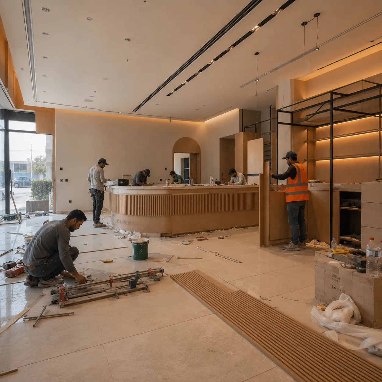 Workers installing a modern oak restaurant bar counter