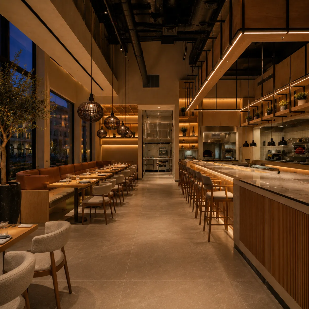 Completed luxury restaurant renovation in Dubai with warm lighting and modern dining interiors
