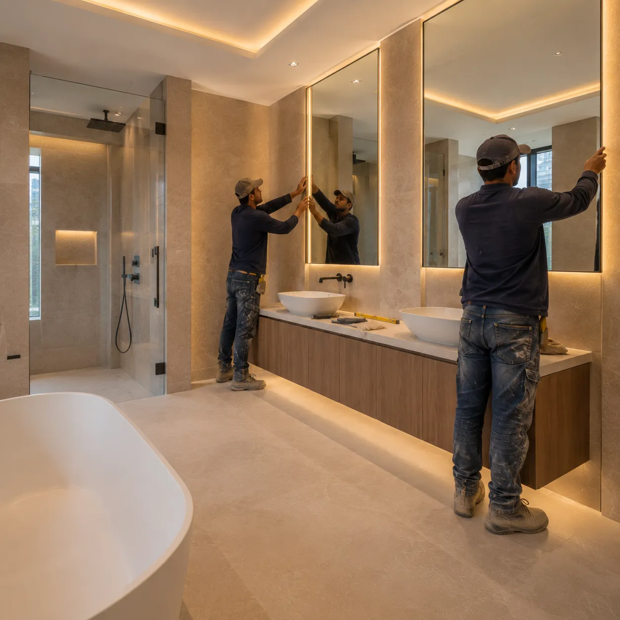 Completed villa bathroom with stone finishes and floating vanity