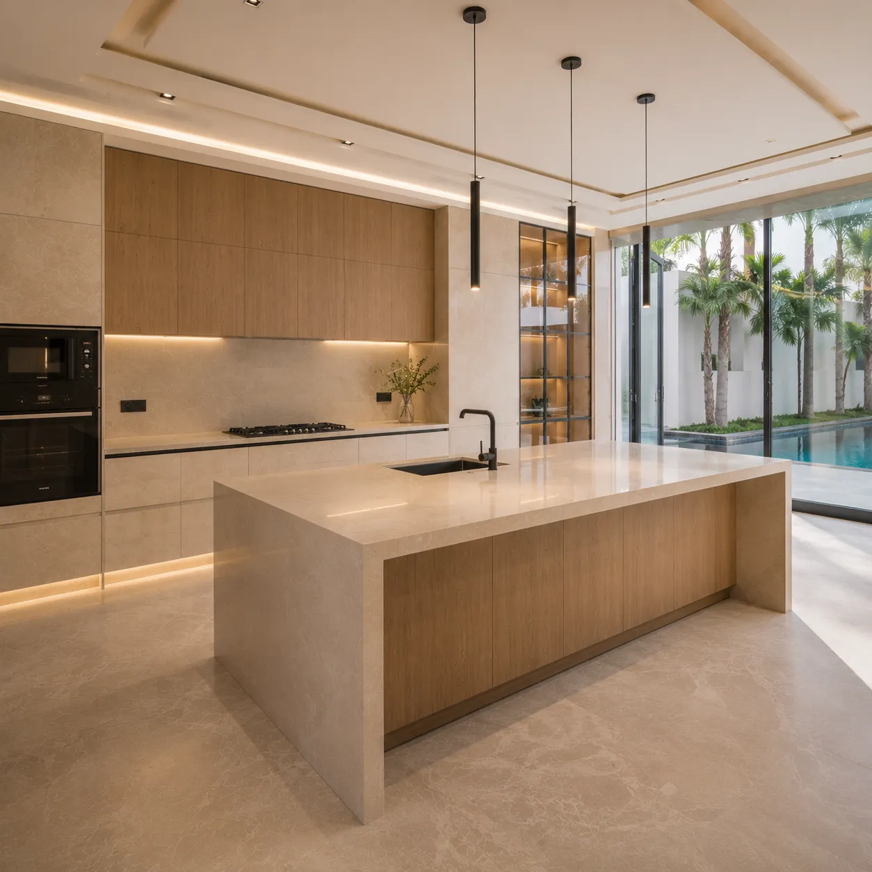 Completed villa kitchen with island cabinetry and integrated lighting