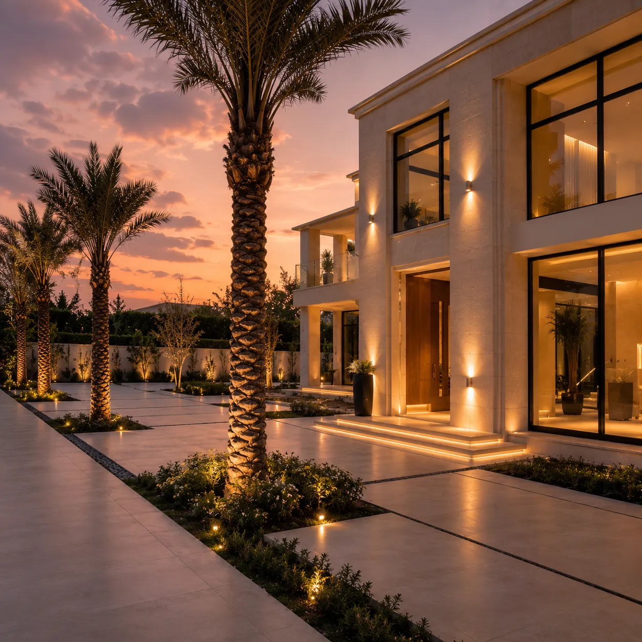 Large-format floor tile installation across a villa interior