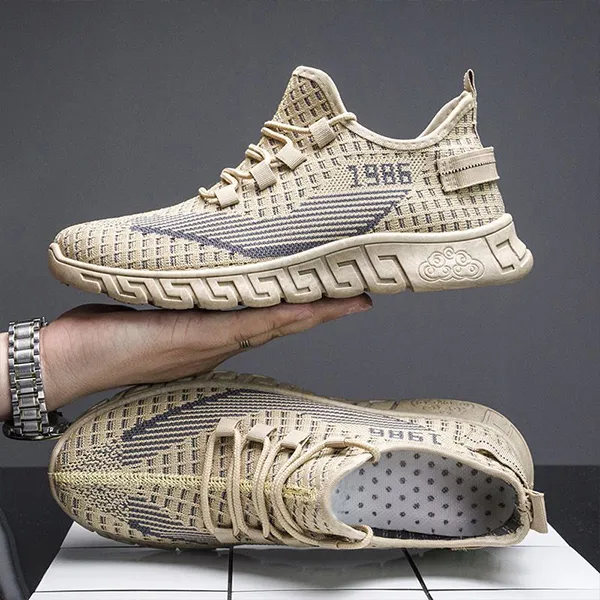 Men's Knit Breathable Lace Up Running Shoes, Lightweight Comfy Non-Slip Sneaker, Spring And Summer