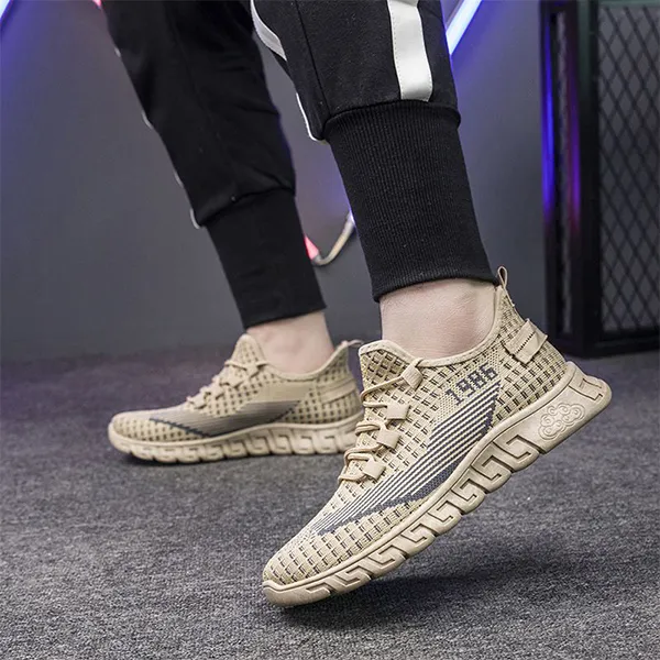 Men's Knit Breathable Lace Up Running Shoes, Lightweight Comfy Non-Slip Sneaker, Spring And Summer