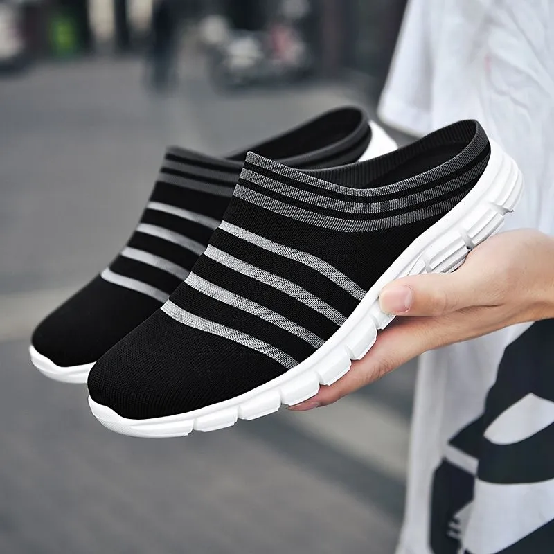 Men's Striped Print Black Mule Sneakers Casual Breathable Non-Slip Clogs