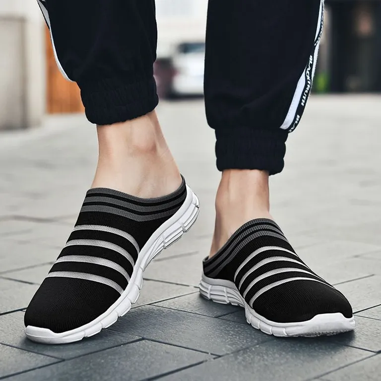 Men's Striped Print Black Mule Sneakers Casual Breathable Non-Slip Clogs
