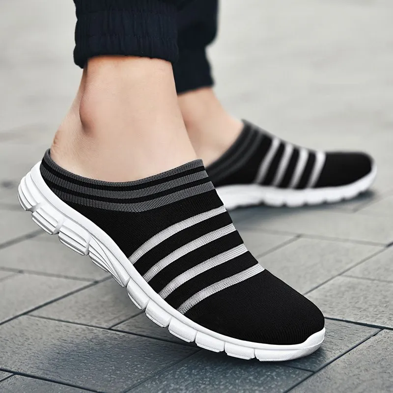 Men's Striped Print Black Mule Sneakers Casual Breathable Non-Slip Clogs
