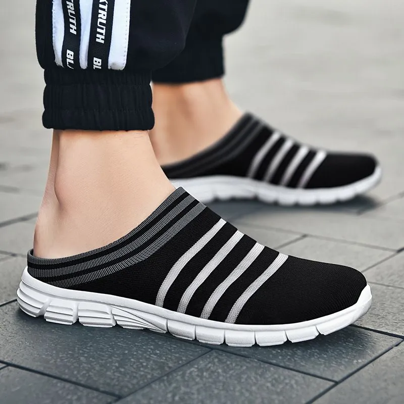 Men's Striped Print Black Mule Sneakers Casual Breathable Non-Slip Clogs