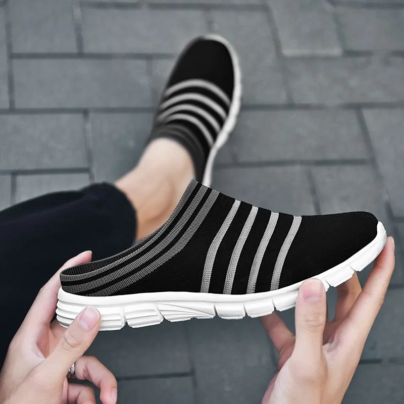 Men's Striped Print Black Mule Sneakers Casual Breathable Non-Slip Clogs