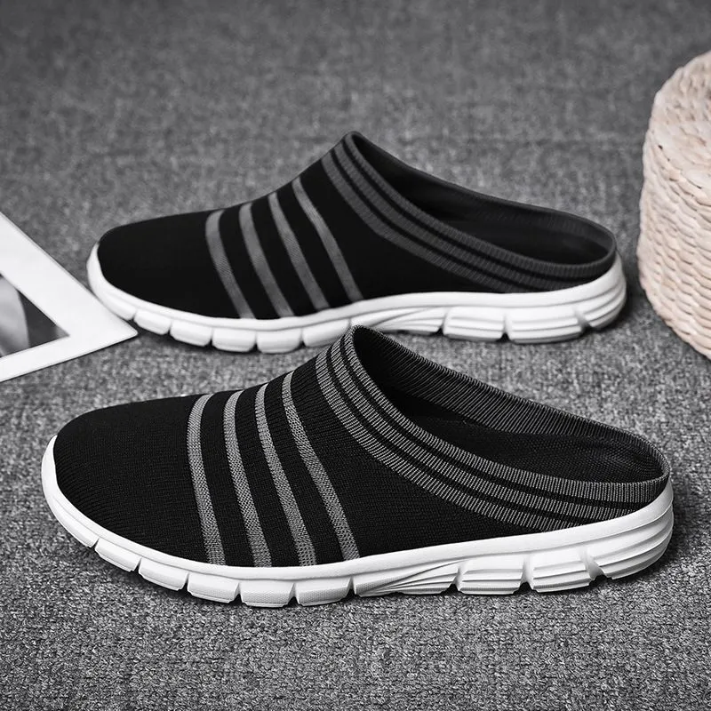 Men's Striped Print Black Mule Sneakers Casual Breathable Non-Slip Clogs