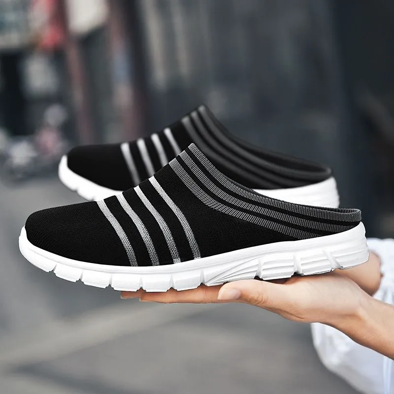 Men's Striped Print Black Mule Sneakers Casual Breathable Non-Slip Clogs
