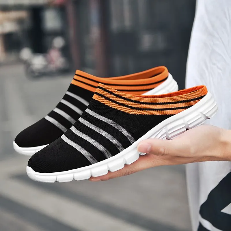 Men's Striped Print Black Mule Sneakers Casual Breathable Non-Slip Clogs