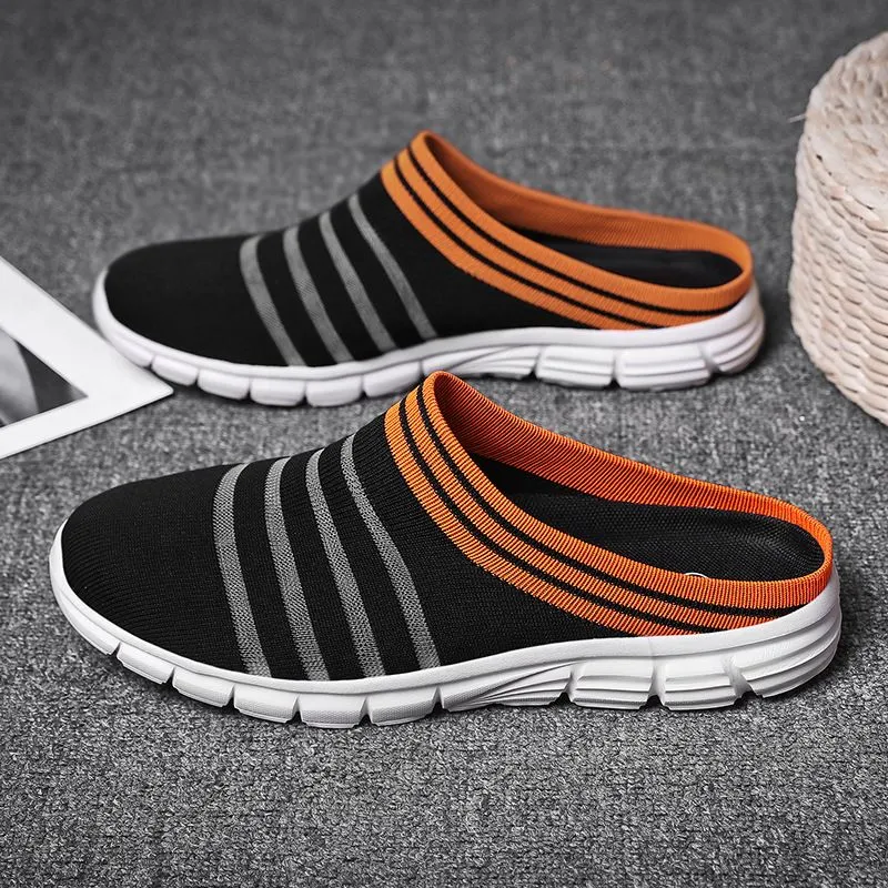 Men's Striped Print Black Mule Sneakers Casual Breathable Non-Slip Clogs
