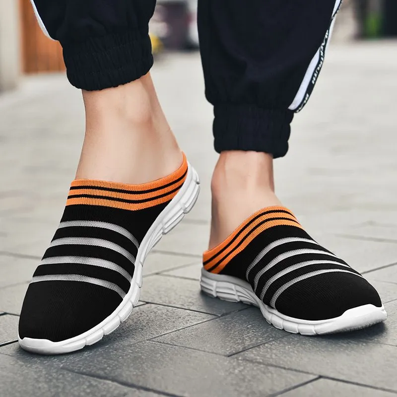 Men's Striped Print Black Mule Sneakers Casual Breathable Non-Slip Clogs